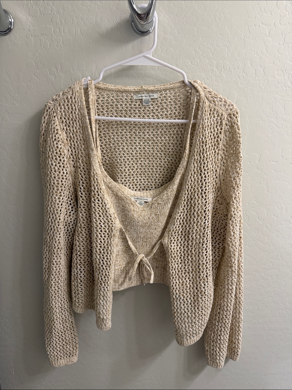 American Eagle Outfitters Cream Open-Weave Tie-Front Cardigan Set